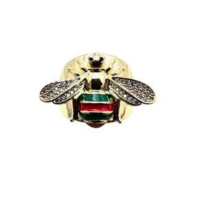 Womens Bee Ring Clear Crystals Red Green Black Enamel Gold Plated Adjustable